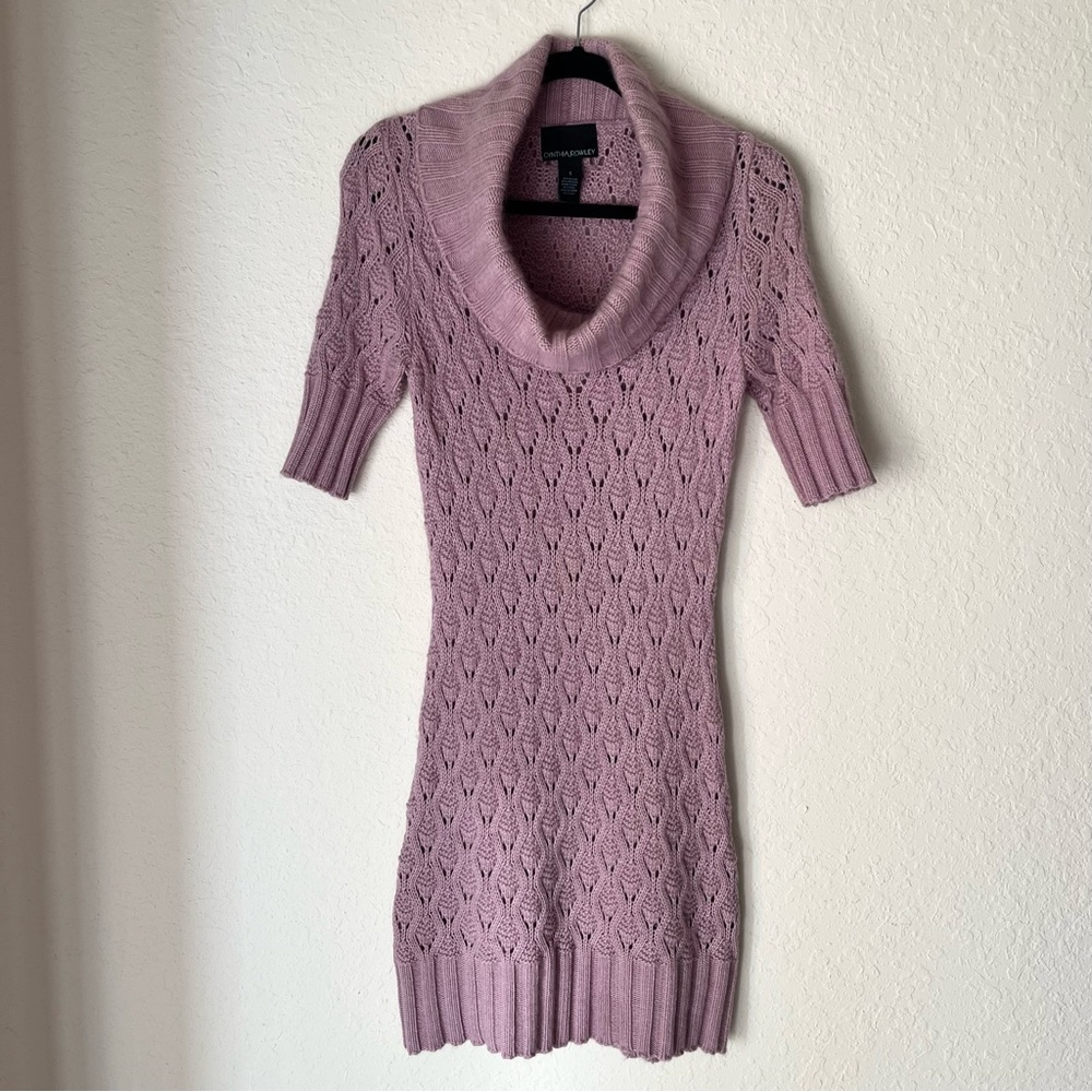 Cynthia Rowley Angora Wool Blend Pointelle Open Knit Cowl Neck Sweater Dress